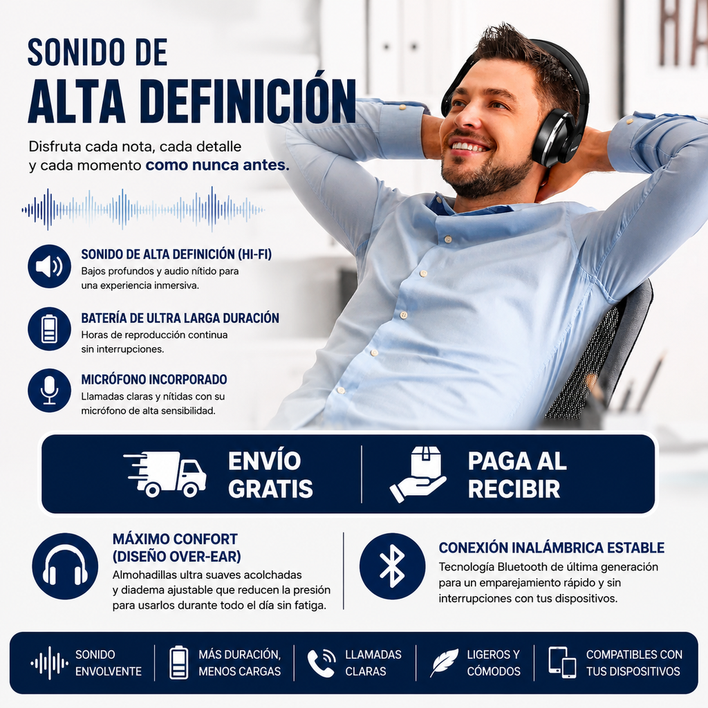 Audífonos Inalámbricos de Diadema Premium - Sonido Hi-Fi y Ultra Autonomía