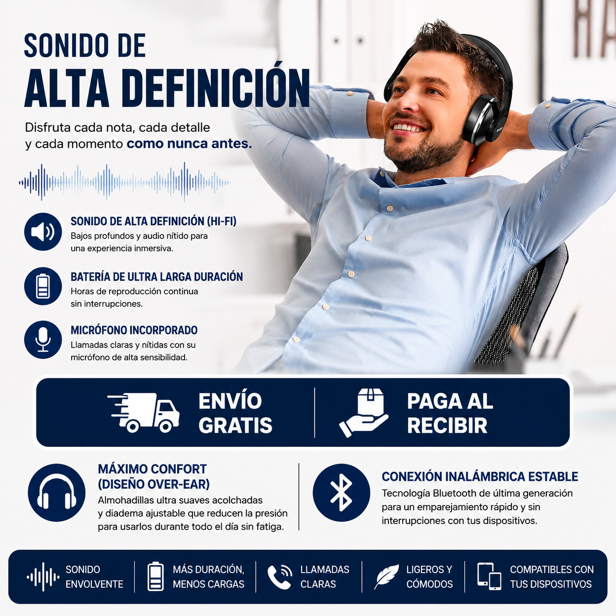 Audífonos Inalámbricos de Diadema Premium - Sonido Hi-Fi y Ultra Autonomía
