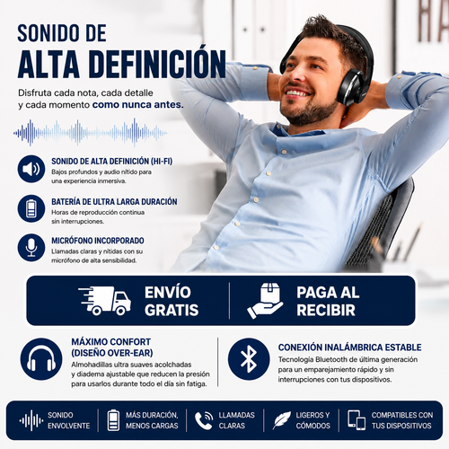 Audífonos Inalámbricos de Diadema Premium - Sonido Hi-Fi y Ultra Autonomía