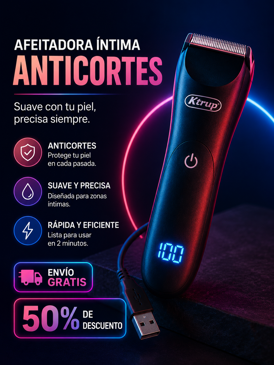 Afeitadora Corporal Para Areas Intima Recargable Con Luz